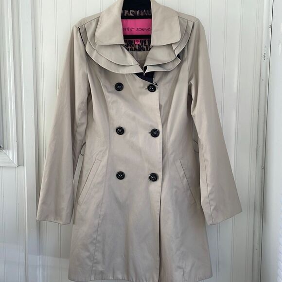 BETSEY JOHNSON women’s beige ruffle collar double breasted trench coat no belt S - Picture 1 of 16